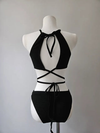 color halter neck strap bikini / X-string black white cross strap bikini swimsuit