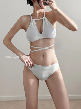color halter neck strap bikini / X-string black white cross strap bikini swimsuit