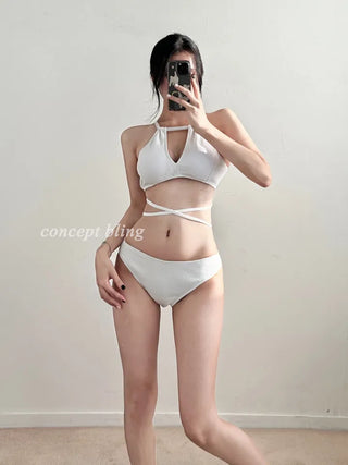 color halter neck strap bikini / X-string black white cross strap bikini swimsuit