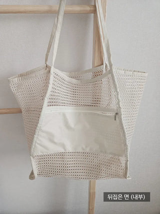 Mesh Beach Bag Water Park Resort Beach Play Beige Summer Big Size Travel Shoulder Bag