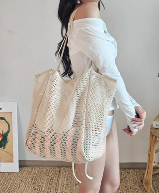 Mesh Beach Bag Water Park Resort Beach Play Beige Summer Big Size Travel Shoulder Bag