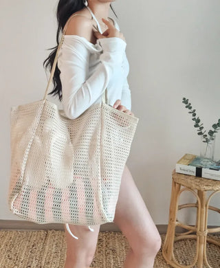 Mesh Beach Bag Water Park Resort Beach Play Beige Summer Big Size Travel Shoulder Bag