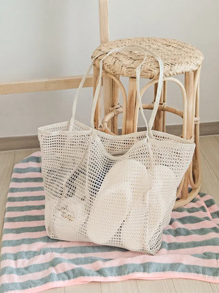 Mesh Beach Bag Water Park Resort Beach Play Beige Summer Big Size Travel Shoulder Bag