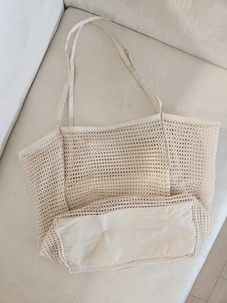 Mesh Beach Bag Water Park Resort Beach Play Beige Summer Big Size Travel Shoulder Bag
