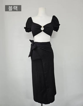 piece off-shoulder swimsuit / color green black and white cover-up off-shoulder short-sleeved bikini