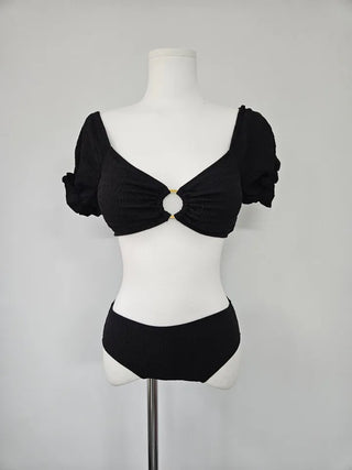piece off-shoulder swimsuit / color green black and white cover-up off-shoulder short-sleeved bikini