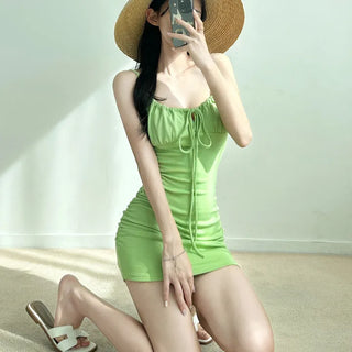 Slim-fitting cotton spandex strappy one-piece dress