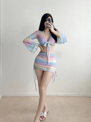 Rainbow piece bikini / piece cardigan skirt set with underwire purple body cover flab cover and belly cover
