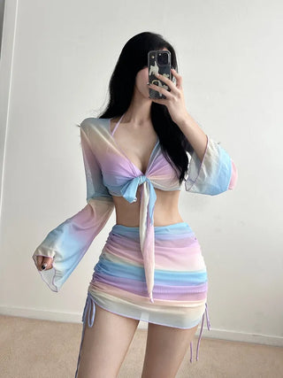 Rainbow piece bikini / piece cardigan skirt set with underwire purple body cover flab cover and belly cover