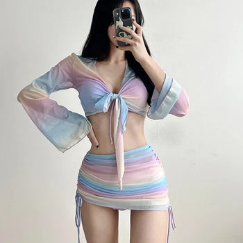 Rainbow piece bikini / piece cardigan skirt set with underwire purple body cover flab cover and belly cover