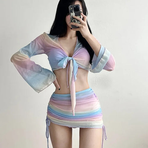 Rainbow piece bikini / piece cardigan skirt set with underwire purple body cover flab cover and belly cover