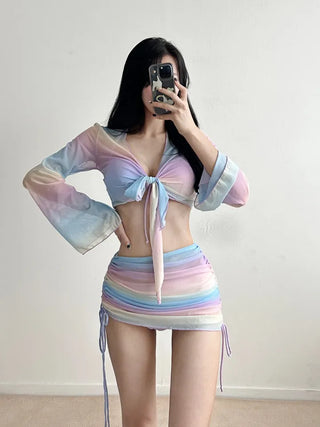 Rainbow piece bikini / piece cardigan skirt set with underwire purple body cover flab cover and belly cover