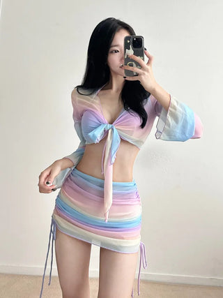 Rainbow piece bikini / piece cardigan skirt set with underwire purple body cover flab cover and belly cover