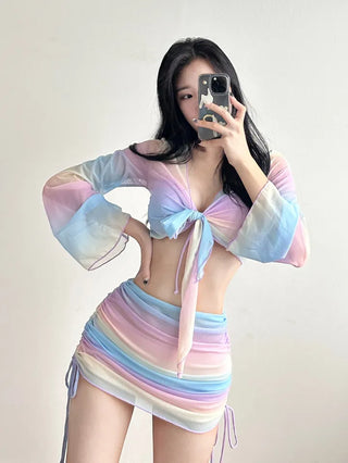 Rainbow piece bikini / piece cardigan skirt set with underwire purple body cover flab cover and belly cover