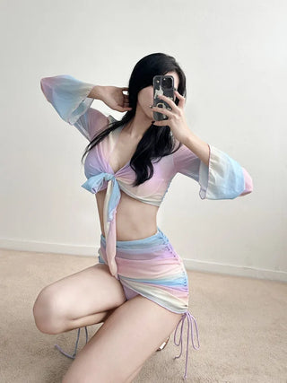 Rainbow piece bikini / piece cardigan skirt set with underwire purple body cover flab cover and belly cover