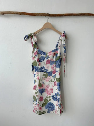 Pink and Blue Flower Pattern Mini Dress Chiffon Strapless Sleeveless Dress