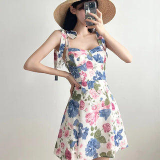 Pink and Blue Flower Pattern Mini Dress Chiffon Strapless Sleeveless Dress