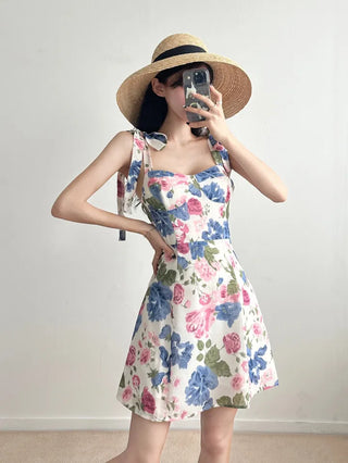 Pink and Blue Flower Pattern Mini Dress Chiffon Strapless Sleeveless Dress