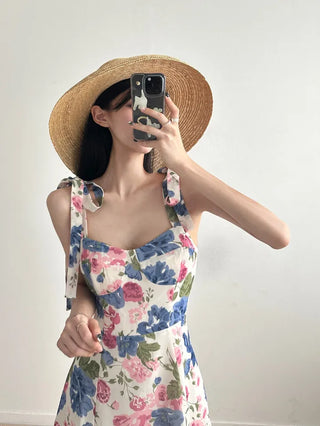 Pink and Blue Flower Pattern Mini Dress Chiffon Strapless Sleeveless Dress