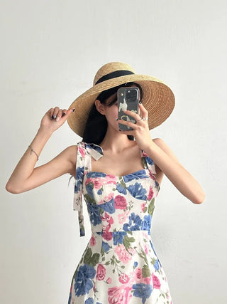 Pink and Blue Flower Pattern Mini Dress Chiffon Strapless Sleeveless Dress