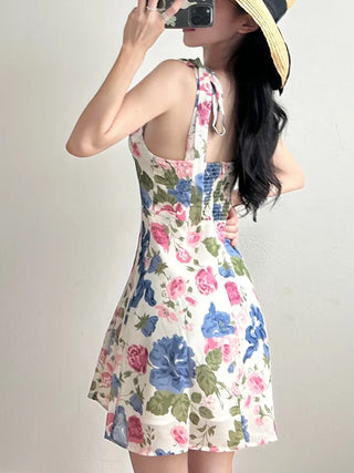 Pink and Blue Flower Pattern Mini Dress Chiffon Strapless Sleeveless Dress