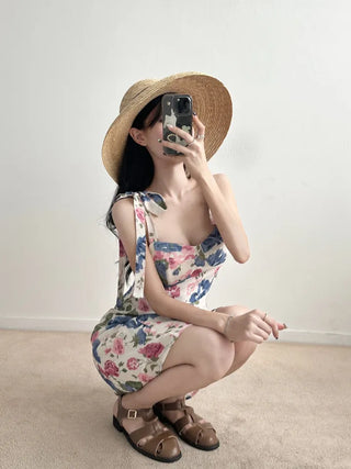 Pink and Blue Flower Pattern Mini Dress Chiffon Strapless Sleeveless Dress