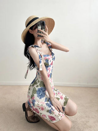 Pink and Blue Flower Pattern Mini Dress Chiffon Strapless Sleeveless Dress