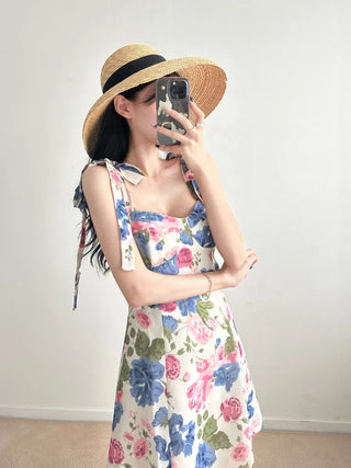 Pink and Blue Flower Pattern Mini Dress Chiffon Strapless Sleeveless Dress