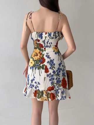 Resort Vacation Look Nasi Rose One-Piece / Sleeveless Frill Flower Pattern Mini Slim One-Piece