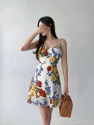 Resort Vacation Look Nasi Rose One-Piece / Sleeveless Frill Flower Pattern Mini Slim One-Piece