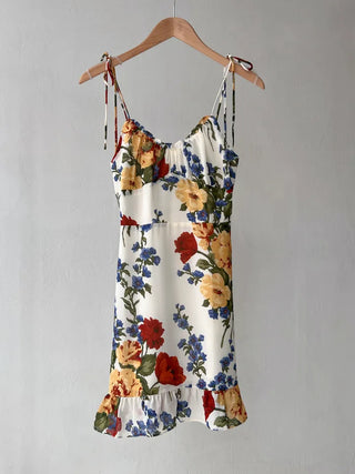 Resort Vacation Look Nasi Rose One-Piece / Sleeveless Frill Flower Pattern Mini Slim One-Piece