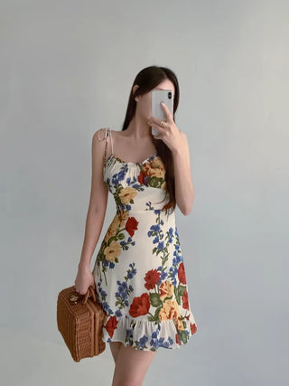 Resort Vacation Look Nasi Rose One-Piece / Sleeveless Frill Flower Pattern Mini Slim One-Piece