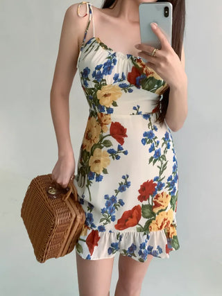 Resort Vacation Look Nasi Rose One-Piece / Sleeveless Frill Flower Pattern Mini Slim One-Piece