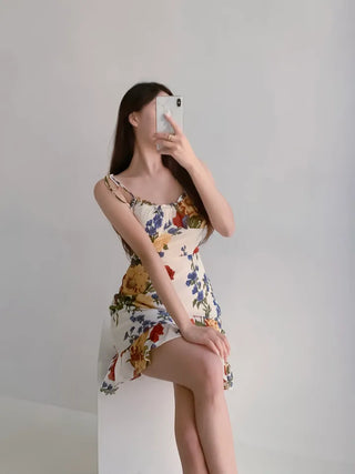 Resort Vacation Look Nasi Rose One-Piece / Sleeveless Frill Flower Pattern Mini Slim One-Piece