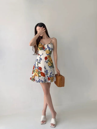 Resort Vacation Look Nasi Rose One-Piece / Sleeveless Frill Flower Pattern Mini Slim One-Piece