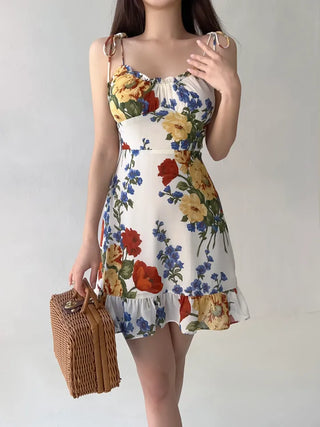 Resort Vacation Look Nasi Rose One-Piece / Sleeveless Frill Flower Pattern Mini Slim One-Piece