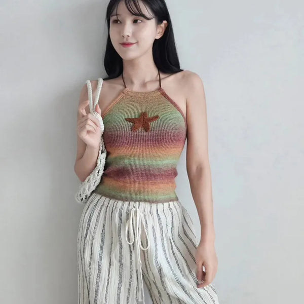 ⭐Star Point Gradient Knit Halter Neck Crop Nashi Resort Look Vacation Look Sleeveless Knit T-Shirt