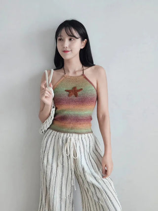 ⭐Star Point Gradient Knit Halter Neck Crop Nashi Resort Look Vacation Look Sleeveless Knit T-Shirt