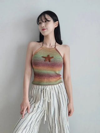 ⭐Star Point Gradient Knit Halter Neck Crop Nashi Resort Look Vacation Look Sleeveless Knit T-Shirt