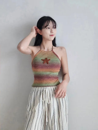 ⭐Star Point Gradient Knit Halter Neck Crop Nashi Resort Look Vacation Look Sleeveless Knit T-Shirt