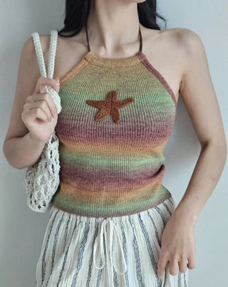 ⭐Star Point Gradient Knit Halter Neck Crop Nashi Resort Look Vacation Look Sleeveless Knit T-Shirt