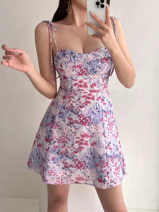 Purple Flower Mini Dress / Resort Vacation Sleeveless Sleeveless Slim Dress with Banding