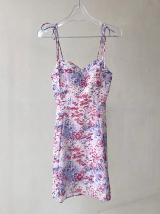 Purple Flower Mini Dress / Resort Vacation Sleeveless Sleeveless Slim Dress with Banding
