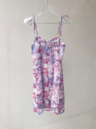 Purple Flower Mini Dress / Resort Vacation Sleeveless Sleeveless Slim Dress with Banding