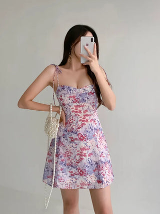 Purple Flower Mini Dress / Resort Vacation Sleeveless Sleeveless Slim Dress with Banding