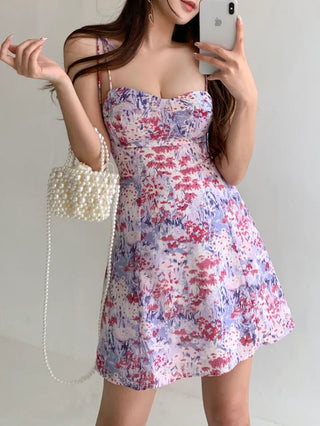 Purple Flower Mini Dress / Resort Vacation Sleeveless Sleeveless Slim Dress with Banding