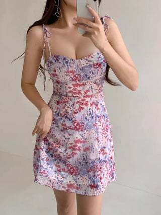 Purple Flower Mini Dress / Resort Vacation Sleeveless Sleeveless Slim Dress with Banding