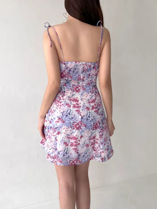 Purple Flower Mini Dress / Resort Vacation Sleeveless Sleeveless Slim Dress with Banding