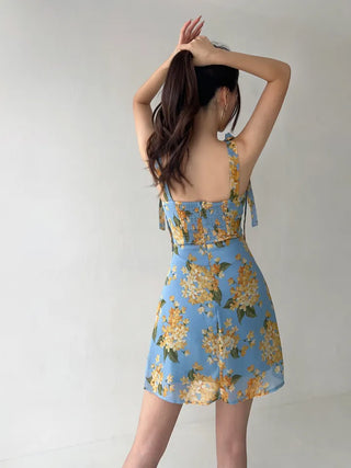 Floral chiffon mini dress / Vacation look sleeveless banded blue dress