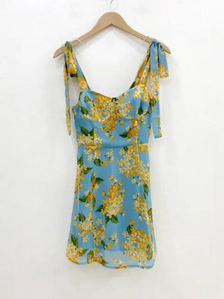 Floral chiffon mini dress / Vacation look sleeveless banded blue dress